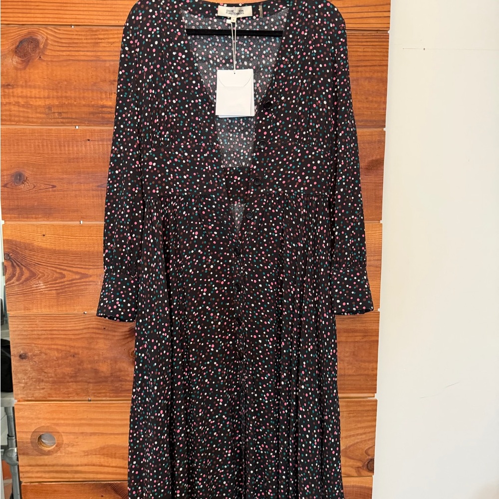 Diane Von Furstenberg Black Midi Dress with Pink, Red and Blue Polka Dots